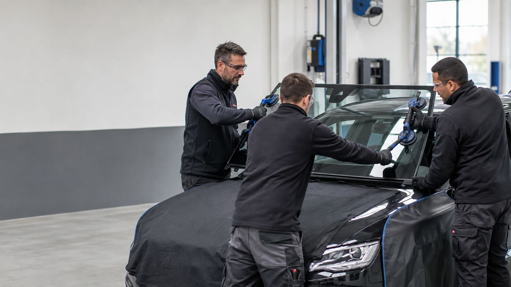 Deux techniciens posent un pare-brise sur un véhicule en atelier, à l'aide de ventouses de manutention