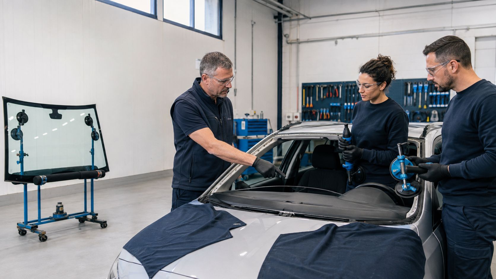 Stagiaires en formation pratique dans un atelier de vitrage automobile, autour d'un véhicule