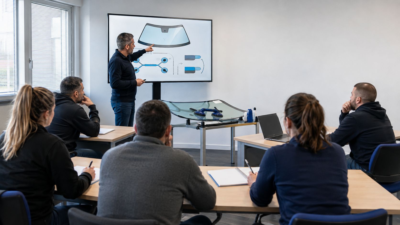 Séance théorique de formation au vitrage automobile, explications sur le matériel et les produits